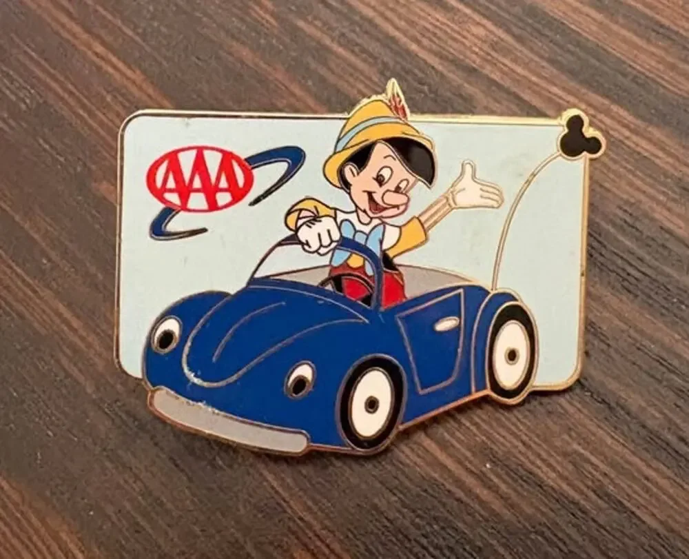 Vintage Disney Pinocchio AAA Promotional Enamel Pin Blue Car Lapel Pin